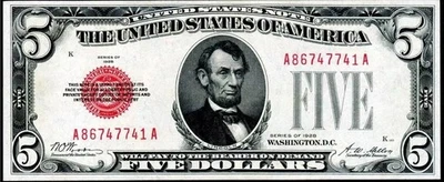 1928 $5 Nota dos Estados Unidos Selo Vermelho Licitação Legal Woods-Mellon Impressionante #72 - Imagem 1 de 2