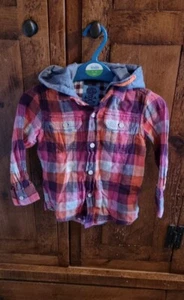 Next Boys Hooded Button Down Shirt Pink Purple Orange Check 100% Cotton Age 3 - Picture 1 of 3