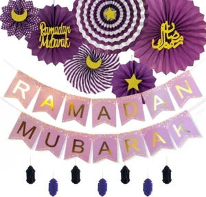 Eid Ramadan Mubarak Banner, Honeycomb & Paper Fan, Ramadan Mubarak Decoration fo - Picture 1 of 12