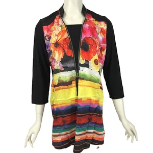 Gabriella Frattini Tunic Top Black Size 10 Bright Floral 3/4 Sleeve Satin Jersey - Picture 1 of 14