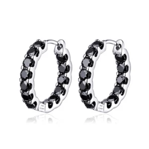 3mm Black Moissanite Hoop Huggie Earrings Men Hip Hop 18k White Gold Plated GRA - Picture 1 of 14