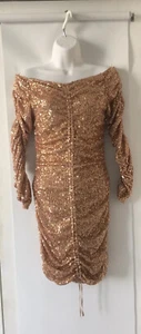 Zara Gold DRAPED SEQUIN DRESS Mini Long Sleeve Adjustable Cord Small S 6937 - Picture 1 of 9