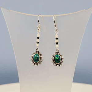 Green Fire-Opal Earrings, Lab Created Fire Opal, Natural Emerald & Moonstone - Picture 1 of 4