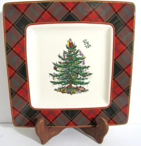 Plato cuadrado para servir de porcelana a cuadros tartán árbol de Navidad Spode de 10 pulgadas - Imagen 1 de 6