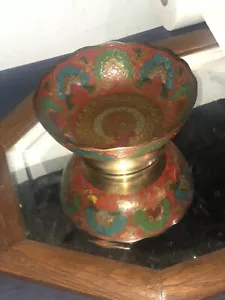 Vintage Hand Painted Enamel on Brass Footed Bowl with a Beautiful Peacock Design - Picture 1 of 12