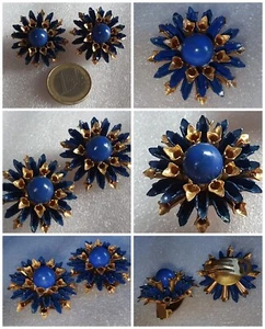 ORECCHINI π΅ donna VINTAGE '80 metallo INOSSIDABILE oro PIETRE fiori BLU smalto - Foto 1 di 8