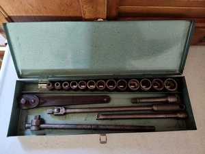 Vintage 1/2" Steckschlüsselsatz-Ratsche-Verlängerungen-Schwenkkopf-T-Bar-Green Box-USA (AA) - Bild 1 von 16
