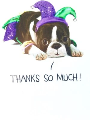 TARJETA DE AGRADECIMIENTO "Solo un pequeño bufón de mi gratitud" RPG Boston Terrier cachorro perro Foto 1 de 2