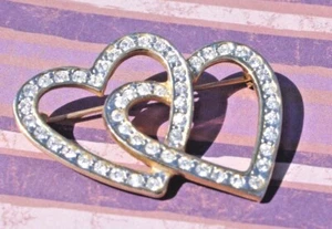 Broche prendedor vintage doble corazón tono dorado estrás 1,5" ancho ENVÍO GRATUITO - Imagen 1 de 9