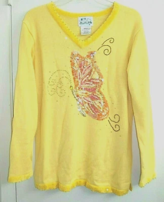 Quacker Factory sz Small Pullover V Neck Sweater Yellow Butterfly Sequins Beads  - Image 1 of 4