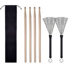 2 Pairs 5A Drumsticks w/ 1 Pair Retractable Drum Wire Brushes + Storage Bag