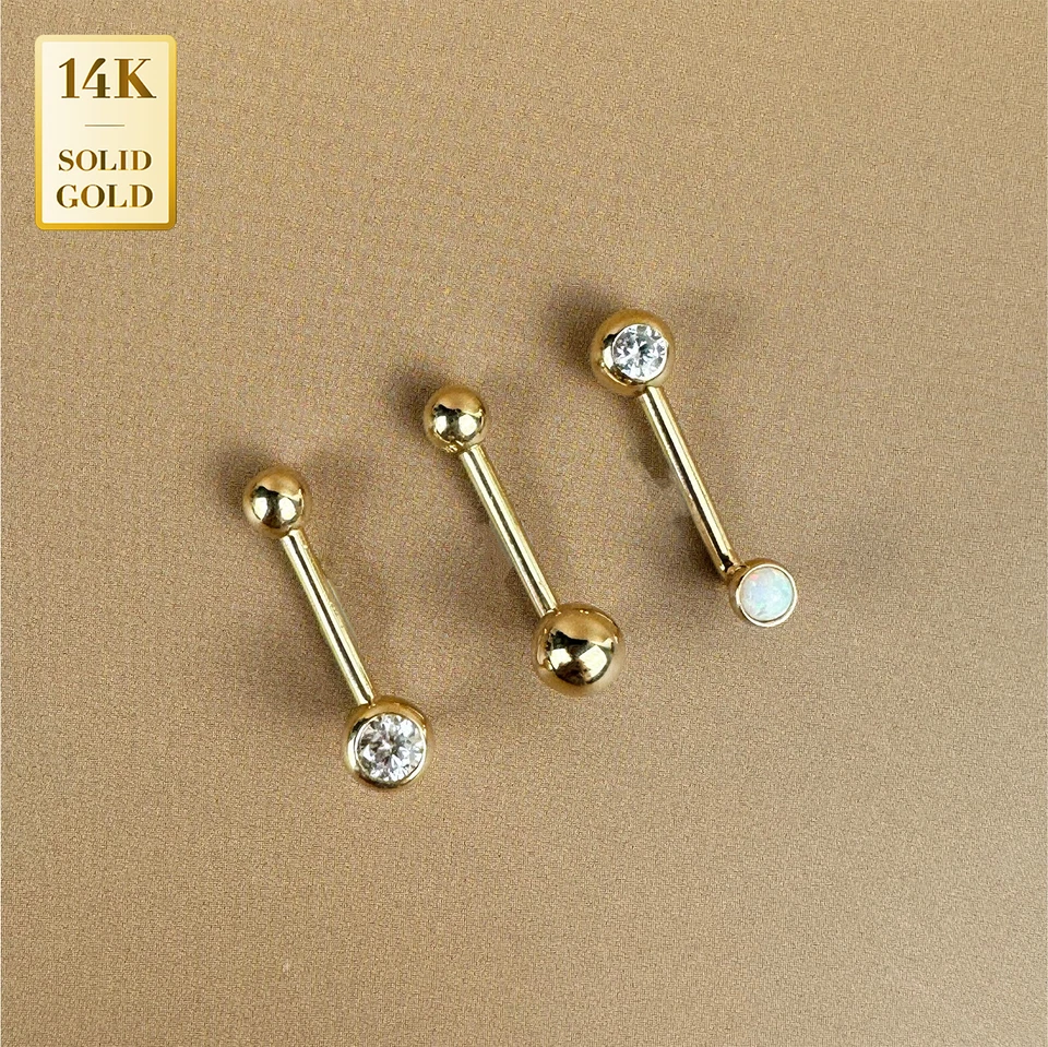 Bola redonda de oro macizo de 14K con circonita cúbica en forma de L barra vaginal Venus genital 14G Foto 1 de 4