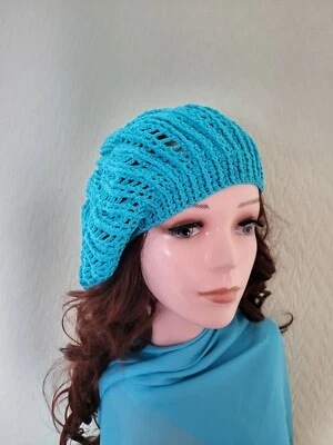 Beautiful Handmade Summer Crochet Beret Ladies Hat Cotton Size M/L Turquoise  — 第 1/4 张图片