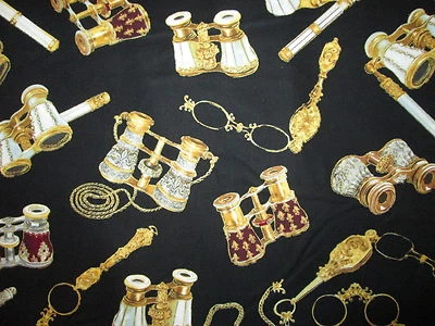 OPERA GLASSES BINOCULARS BROADWAY PLAY GOLD THREAD BLACK COTTON FABRIC FQ - Image 1 of 4