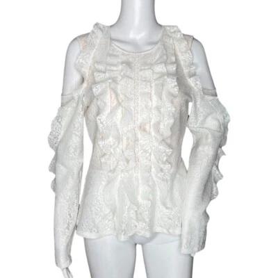 Camisa BCBG Maxazria Mujer Mediana Blanca Encaje Recortes Neutro Romántico Boho Chic Foto 1 de 4
