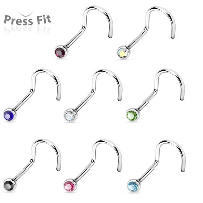 8 Pc 316L Surgical Steel Nose Screw Ring with Press Fit CZ Gems - Image 1 of 4
