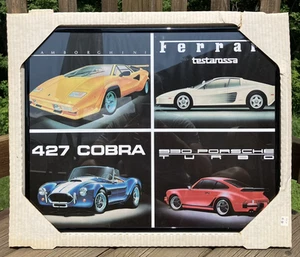 Póster enmarcado de colección años 80 collage de autos deportivos Lamborghini Ferrari Cobra Porsche nuevo de stock - Imagen 1 de 2
