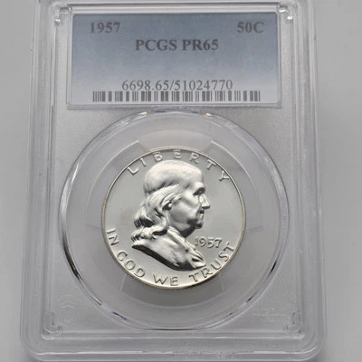 1957 PCGS PR65 CLASSIFICADO FRANKLIN PRATA MEIO DÓLAR PROVA 50c MOEDA Lote 2279 - Imagem 1 de 4