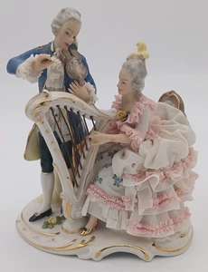 Rare! Antique DRESDEN Porcelain Lace Figurine Couple Playing Musical Instruments - Picture 1 of 8