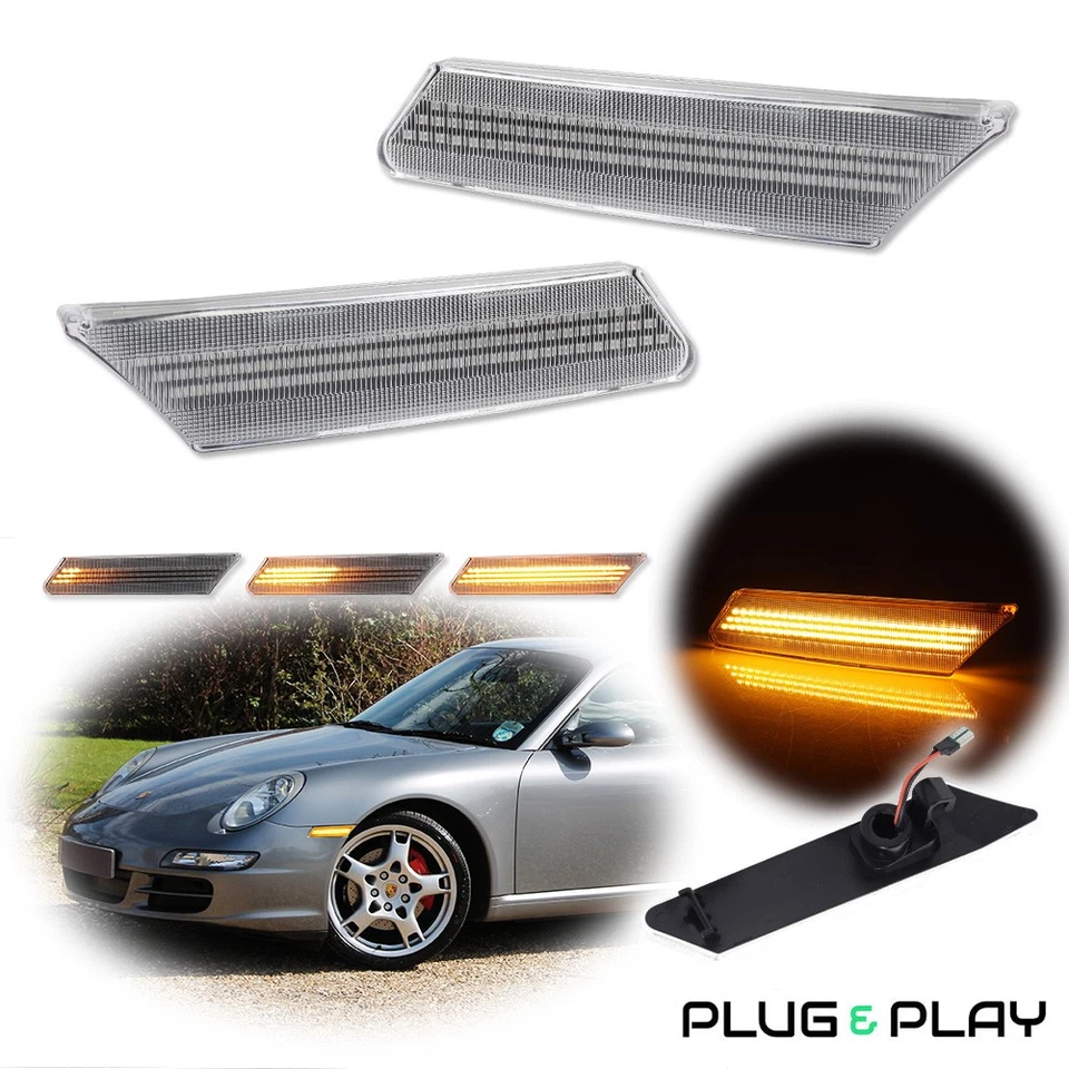 Luces de señalización laterales secuenciales LED ámbar transparente para Porsche Carrera 911 Boxster Foto 1 de 4