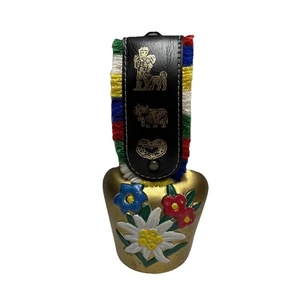Cowbell Vintage Painted Edelweiss Brass Alpine Swiss leather Strap - Picture 1 of 13