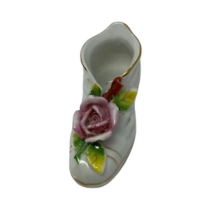 Miniature White Shoe Figurine Decorated w/ Red Rose Bush Made in Occupied, Japan - Picture 1 of 8