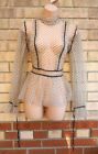 CHOKLATE PARIS TAUPE BEIGE SPOTTED TULLE MESH PEPLUM SHEER BLOUSE TOP 8 S