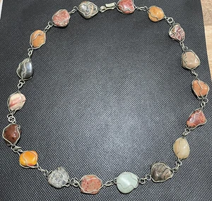 Caged Stone Silver Tone Necklace Natural Chunky Mexico Stone Multi Color - Picture 1 of 11