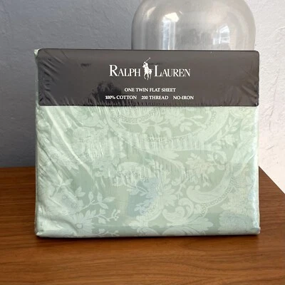 Vintage Ralph Lauren Avery Green Damask Print One Flat Sheet Twin NEW - Image 1 of 2