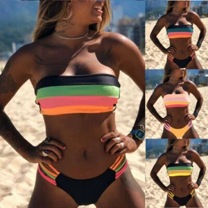 Women Swimwear Stripe Tops Bikini Set Push-up Padded Bra Bathing Suit Beachwear - Picture 1 of 21