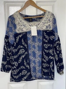 NWT Bohemian Cafe Top Women’s Embroidered Crochet Lace Yoke 3/4 Sleeve Large - Picture 1 of 5