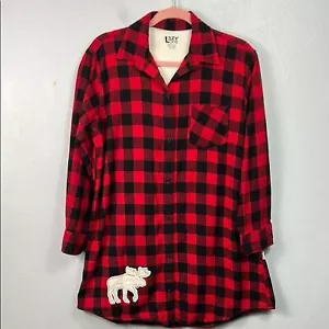 Lazy One Red & Black Buffalo Check Moose Appliqué Button Front Sleep Shirt S/M - Picture 1 of 7