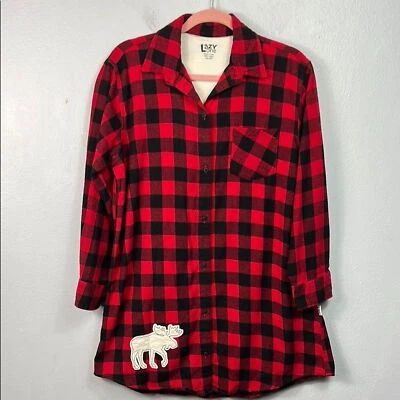 Lazy One Red & Black Buffalo Check Moose Appliqué Button Front Sleep Shirt S/M - Image 1 of 4