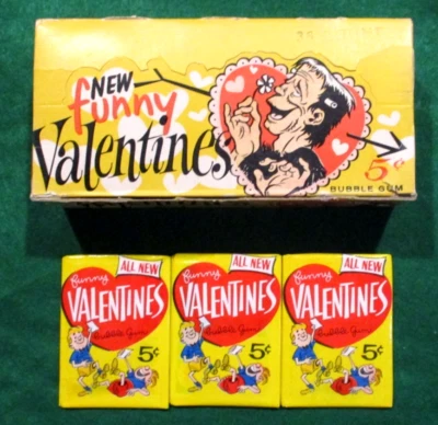 TOPPS 1960 VINTAGE FUNNY VALENTINES FRANKENSTEIN RARE DISPLAY BOX W/3 WAX PACKS - Image 1 of 4