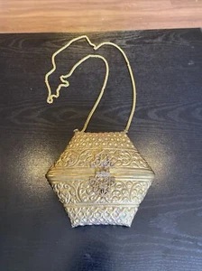 Antique Vintage Brass 6 Sided Pillow Purse With Chain - Picture 1 of 19