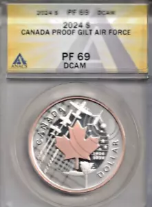 2024 CANADA SILVER GILT ROSE GOLD DOLLAR PROOF ANACS PF69 MAPLE LEAF AIR FORCE - Picture 1 of 2