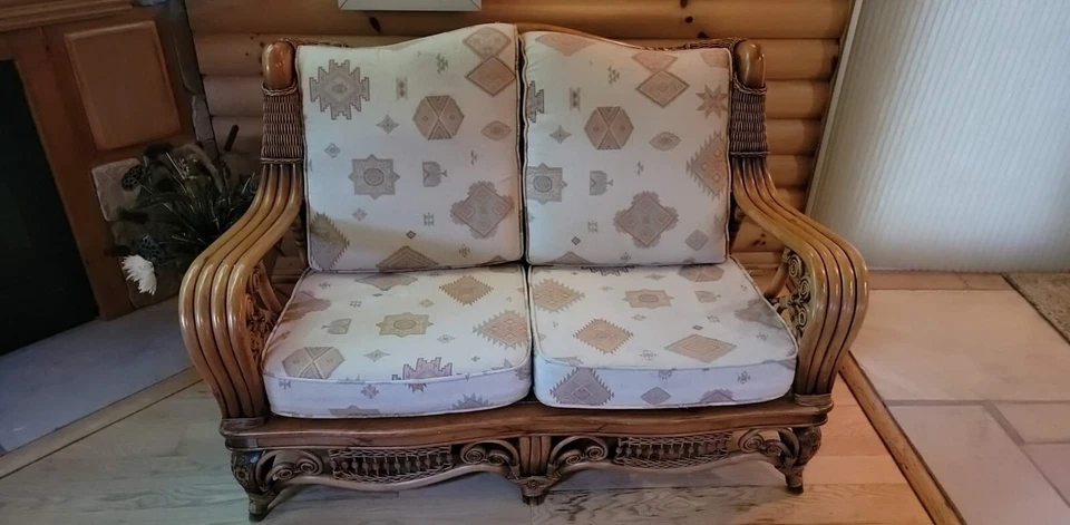 Western Cloth Fabric And Wood Loveseat And Chair - Image 1 of 2