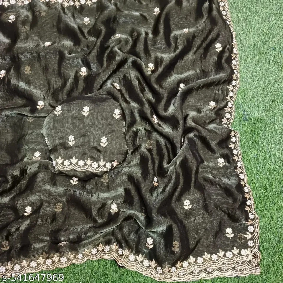 Women's fancy Embroidery cutwork border Saree with Running Blouse - Image 1 of 1