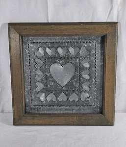 Vintage Punched Tin Heart Wall Hanging Wood Frame Art Rustic Farmhouse Harte - Picture 1 of 15