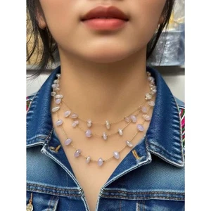 Dreilagige asymmentrische Opal Edelstein Halskette Gold Kristall Halsreif Halsband - Bild 1 von 3