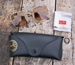 Occhiali da sole Ray-Ban SQUARE RB 1971 oro/marrone sfumato 9147 oversize con custodia - Foto 1 di 11