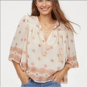 H&M Peasant Blouse Bohemian Tassel Top Floral Short Boxy Sheer Gauzy Flowy XS 2 - Picture 1 of 8