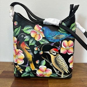 Anuschka Handtasche Umhängetasche handbemalt Vogel Garten Blume NEU schwarz Ledertasche - Bild 1 von 11