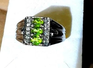 Men's Genuine Peridot & Zircon Platinum Plated Signet Ring - Picture 1 of 6