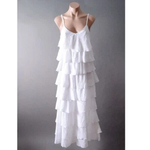 White Ruffle Tiered Layer Cotton Spaghetti Strap Bohemian Long Sundress Dress - Picture 1 of 6