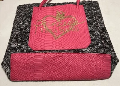 "Bolso de Mano Princesa Vera Wang Gris Rosa Tweed Imitación Cuero Forrado a Presión 13""x12"" Usado en Excelente Condición" Foto 1 de 4