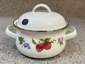 Vintage Enamel Pot With Lid Fruit Design - Picture 1 of 10