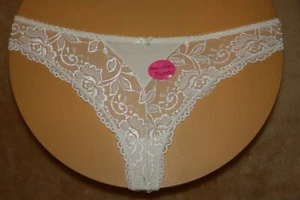 Ivory Cream Thong With Shiny Floral Lace, Loop Fringe & Shiny Bow - 8/34 - Picture 1 of 2