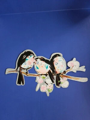 Arte de pared de metal galvanizado trío de pájaros en rama color rosa melocotón aguamarina Foto 1 de 4