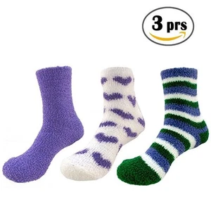 Fuzzy Socks Assortment of 3 BambooMN Green White Purple Blue Heart Stripe Solid - Picture 1 of 1